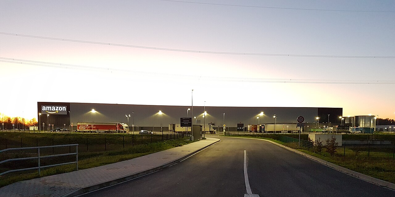 The Amazon fulfilment centre in Werne, Germany, at dusk.